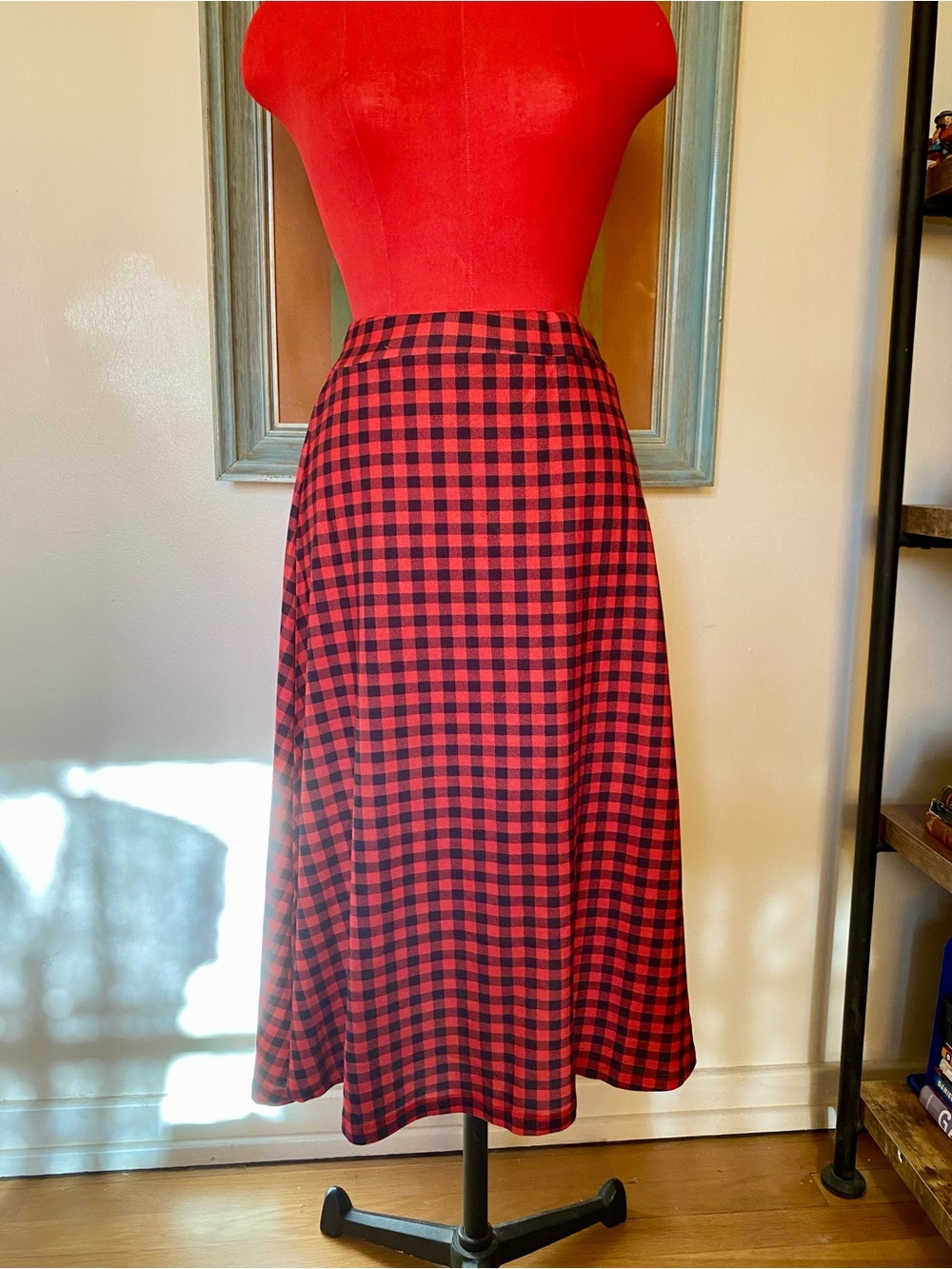 Red and Black Gingham Midi Skirt